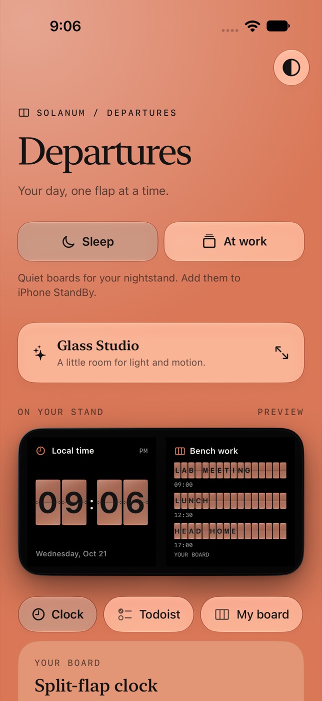 The Departures home screen in the Clay colorway. It reads Your day, one flap at a time, with Sleep and At work buttons, a Glass Studio card and a preview of a two-widget StandBy layout.